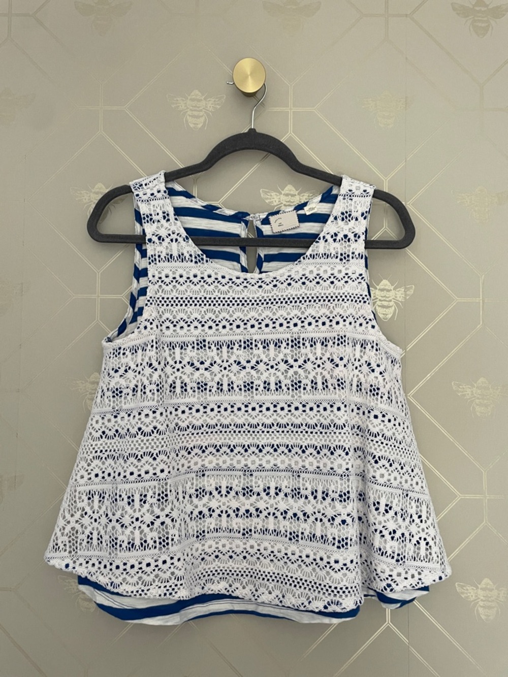 Womens’ White Crochet Overlay Tank with Blue Striped Lining